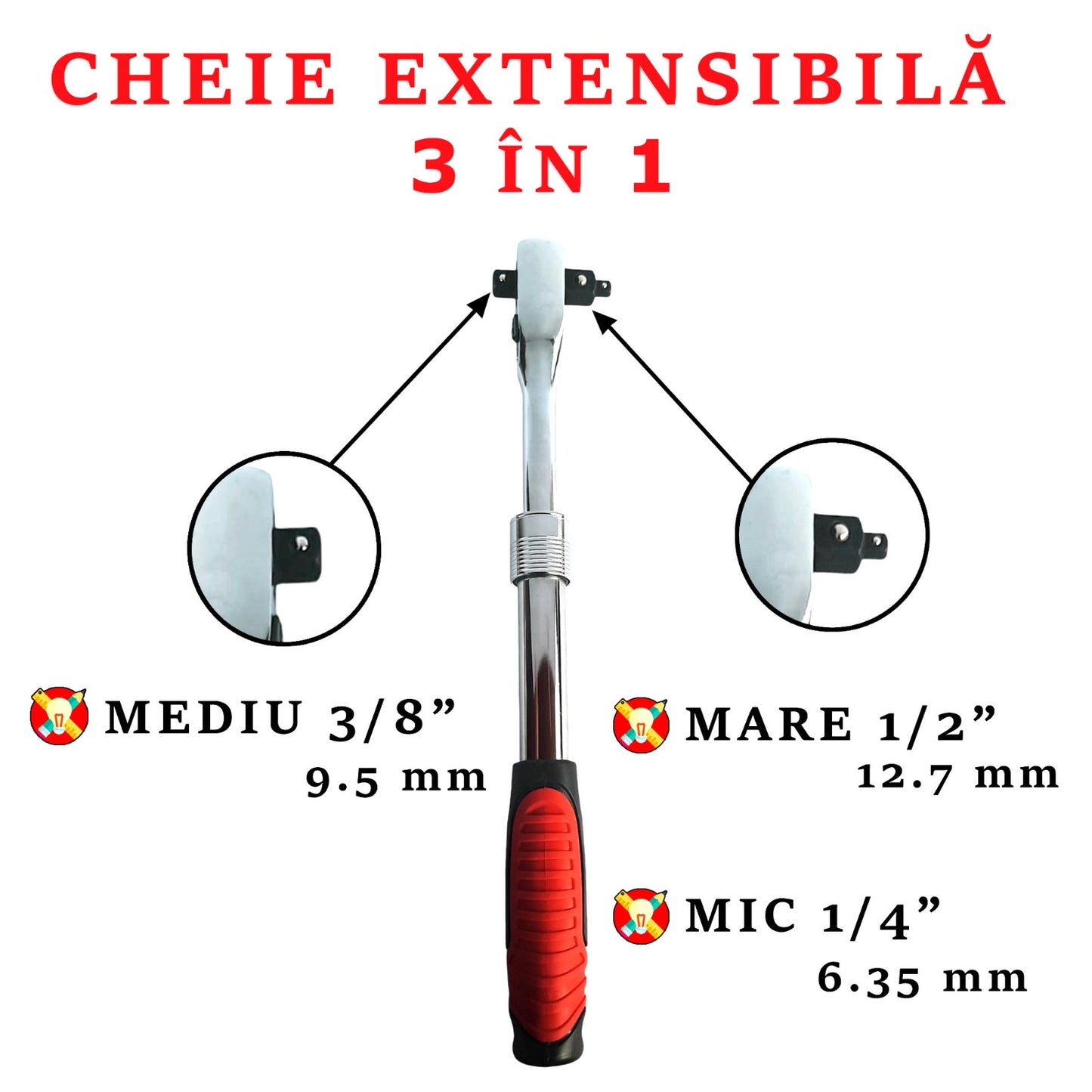 Cheie telescopică cu clichet 3 în 1, extensibilă 30-45 cm
