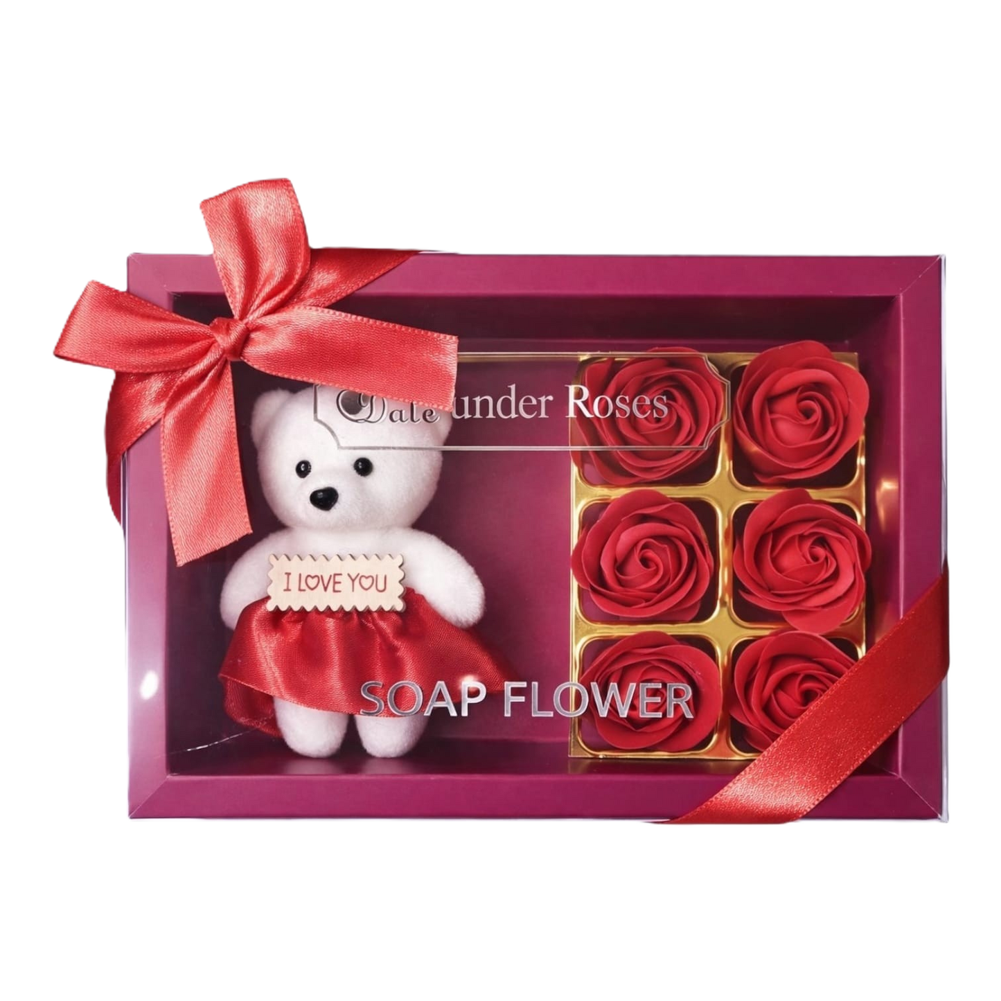 Set cadou cu trandafiri din săpun și ursuleț „I Love You”