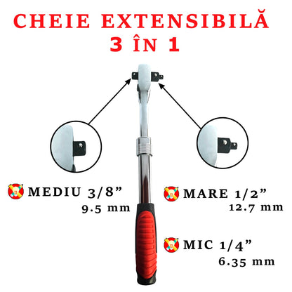 Cheie telescopică cu clichet 3 în 1, extensibilă 30-45 cm