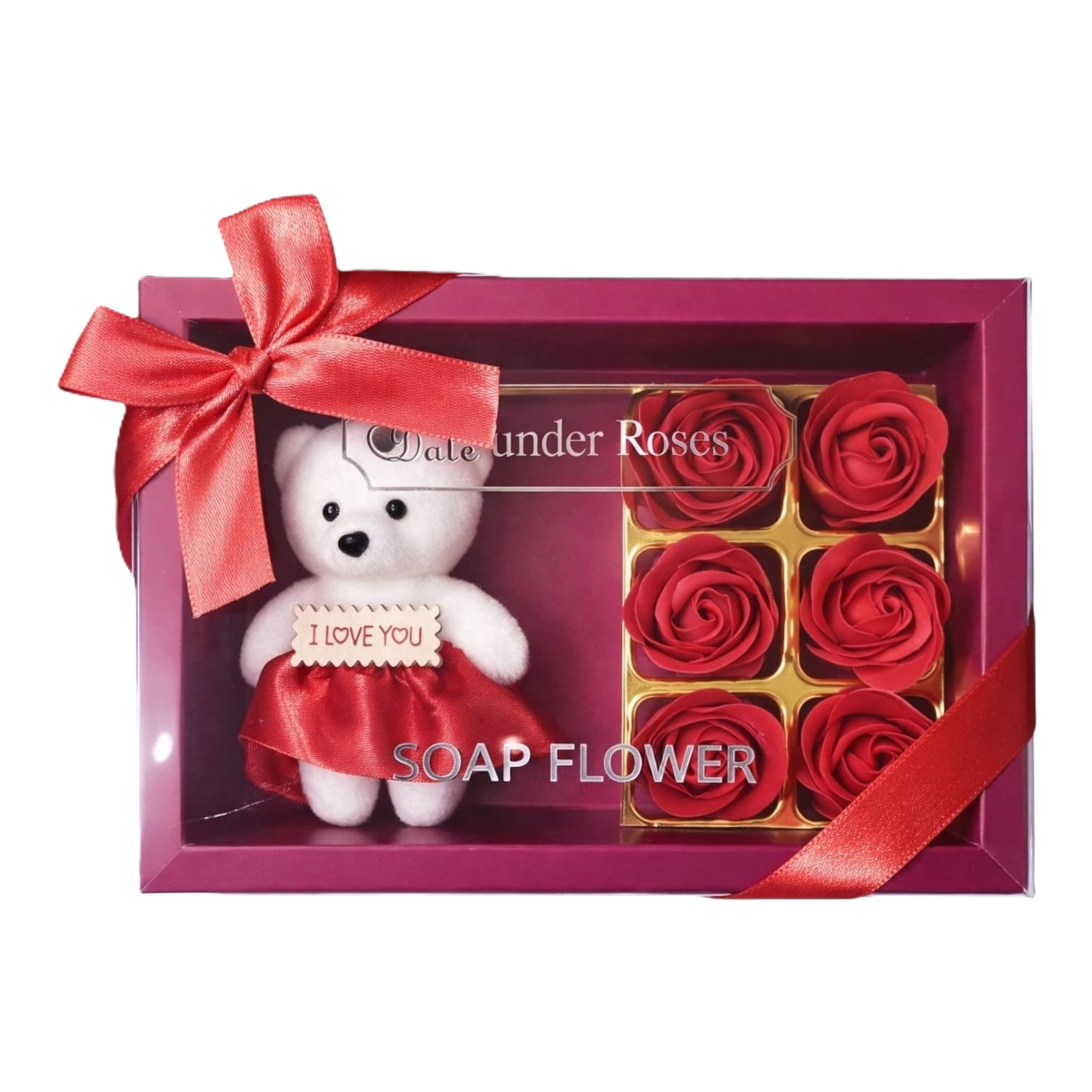 Set cadou cu trandafiri din săpun și ursuleț „I Love You”