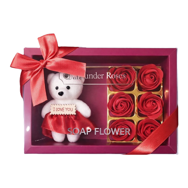 Set cadou cu trandafiri din săpun și ursuleț „I Love You”
