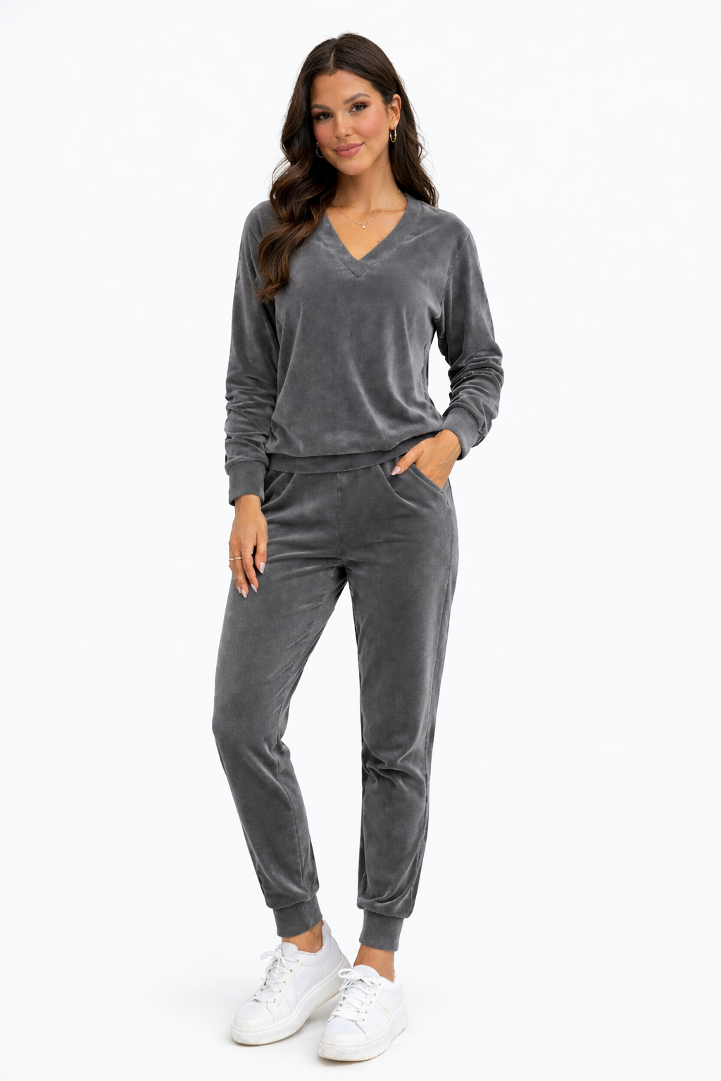Set Bluza + Pantaloni Trening din Catifea Gri