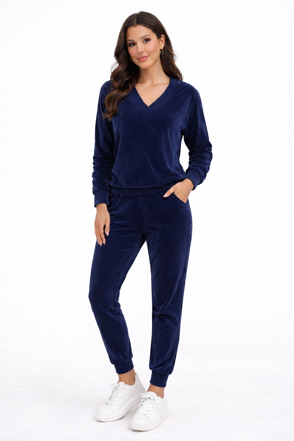 Set Bluza + Pantaloni Trening din Catifea Albastru Inchis