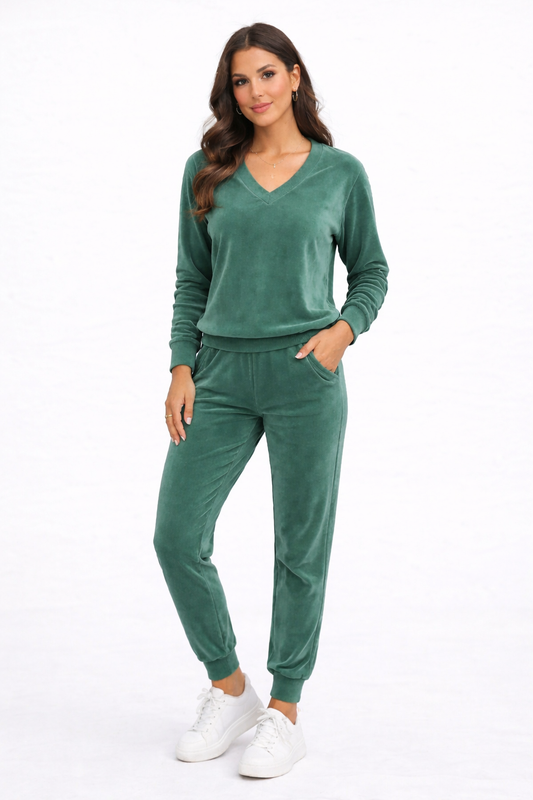 Set Bluza + Pantaloni Trening din Catifea Verde